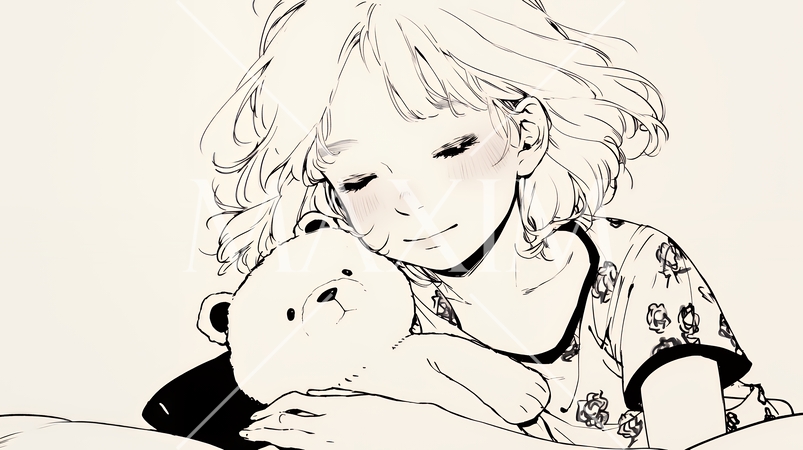 幸せそうな寝顔で眠っている若い女性（シンプルな色使い）