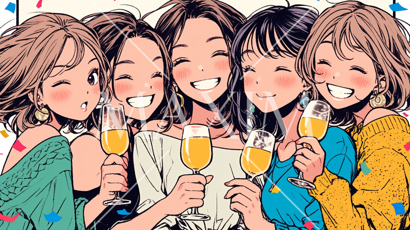 女子会：気の合う女友達が集まり、酒を交わし、おいしい食事をしながら、仕事の話や恋バナをしている