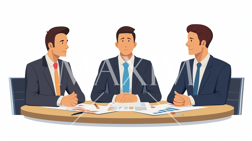 ビジネス戦略会議：競合分析、市場戦略の議論。