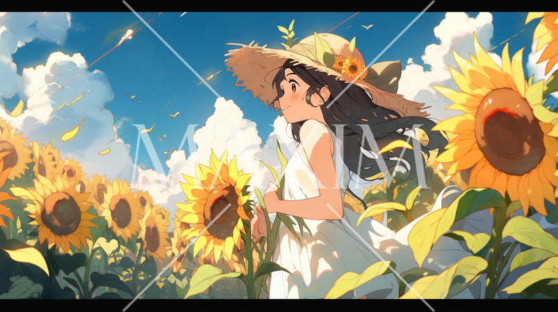 ひまわり畑の中にいるかわいらしい女の子