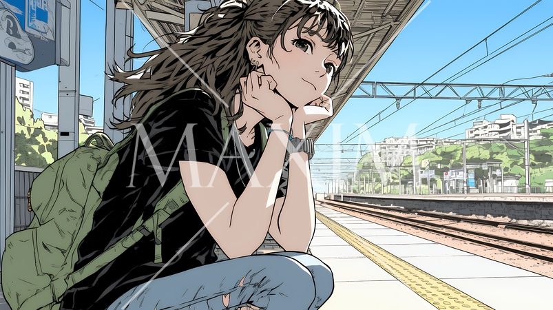 駅のホームで、なかなか来ない電車を待ちくたびれている若い女性