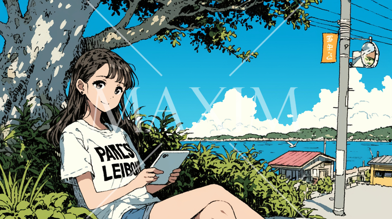 沖縄の海辺でスマートフォン・タブレットを操作している若い女性