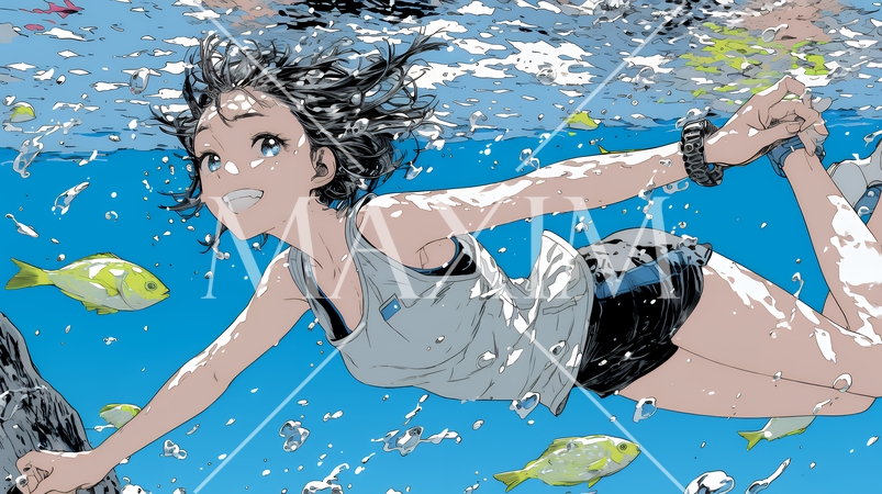 海で泳いでいる若い女性