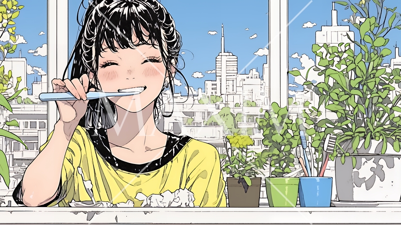 洗面所で朝の歯磨きをする若い女性