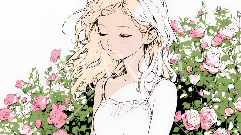 バラ園を散策している若い女性（シンプルな色使い）