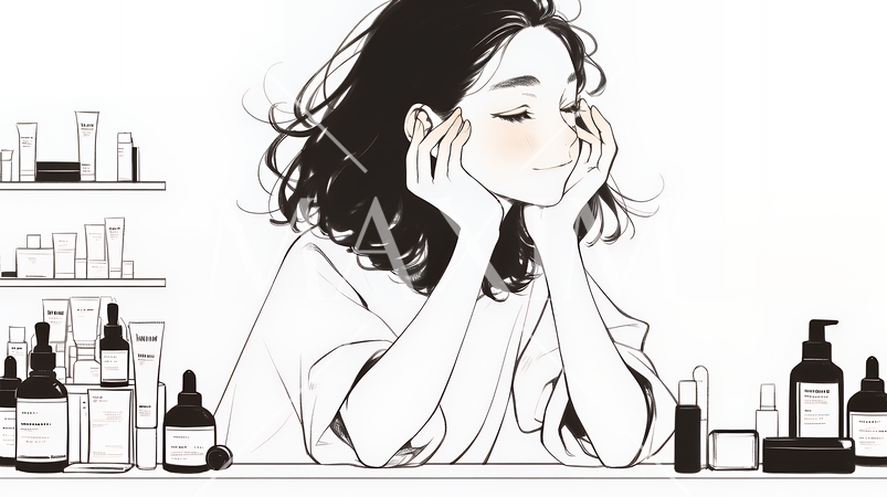 スキンケアを念入りに行う若い女性（シンプルな色使い）