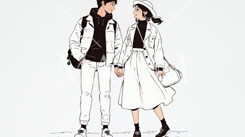 希望に満ちたライフスタイルを過ごす若いカップル：未来を見つめている（シンプルな色使い）