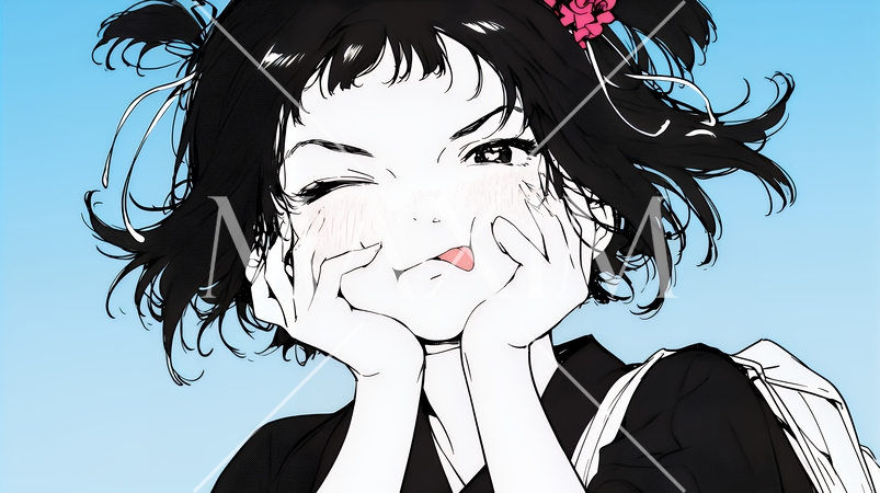 舌を出して陽気におどけている若い女性（シンプルな色使い）