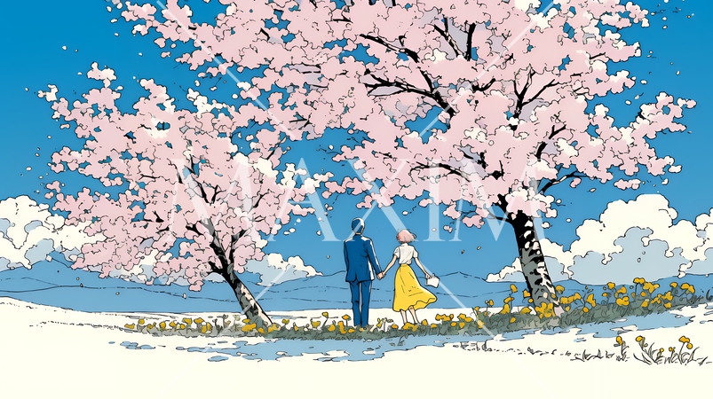 満開の桜の木の下でデートをしている若い男女のカップル
