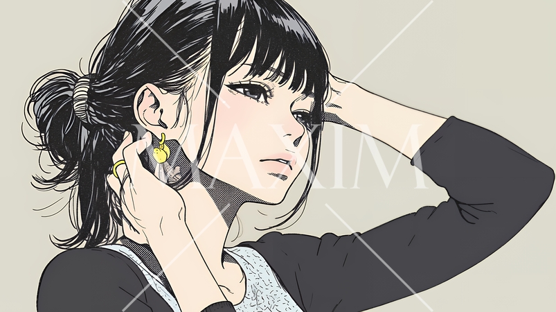 髪をかきあげている（なでている）若い女性