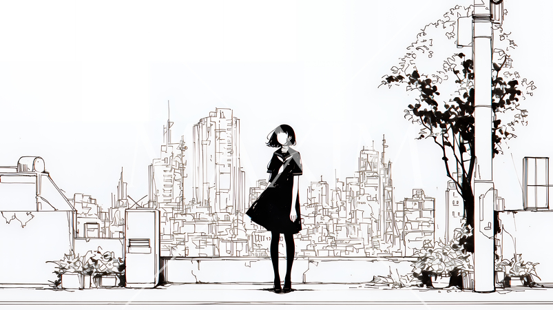 若い女性が佇む都市の街角（シンプルな色使い）