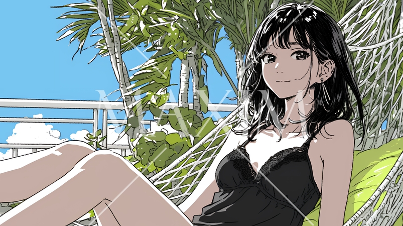 沖縄の青空の下、下着姿でハンモックで休んでいる若い女性