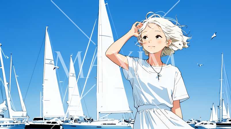 沖縄のヨットハーバーに立つ若い女性（シンプルな色使い）