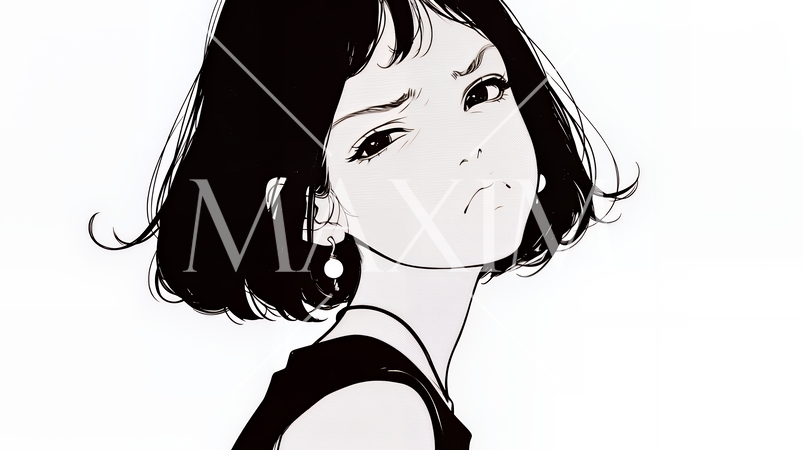 嫉妬の表情を浮かべる若い女性（シンプルな色使い）