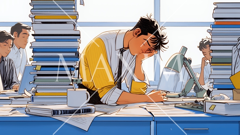 深夜残業で疲弊する会社員｜過労とストレスに悩むビジネスパーソン（ブラック企業イメージ）