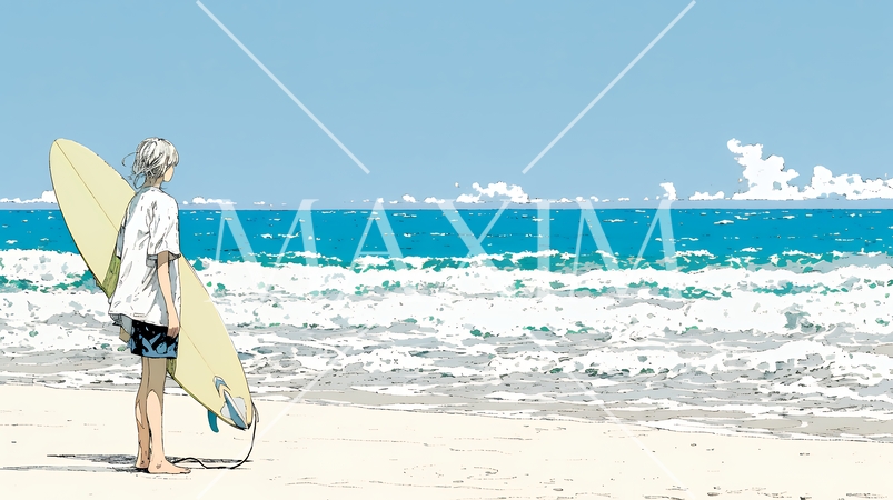 サーフボードを持ち海を見つめる若い女性｜ビーチ・リゾート・ライフスタイル・アウトドア