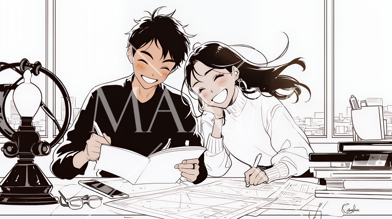 仲良く二人で旅行の計画を立てている若いカップル（シンプルな色使い）