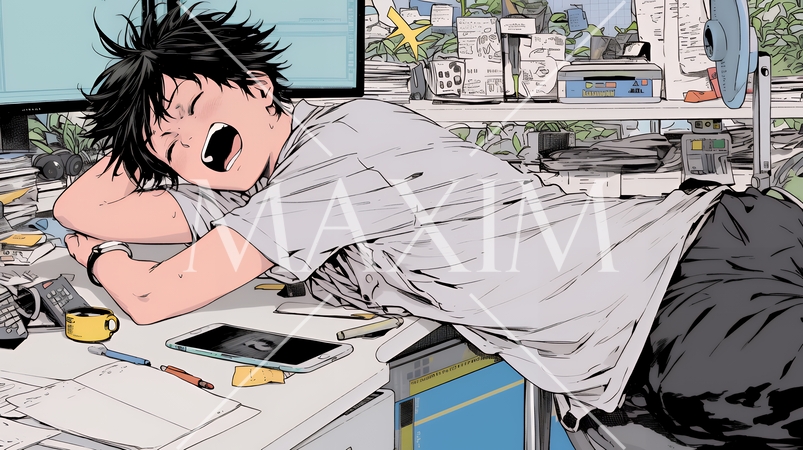 仕事中にあくびをしている若い男性