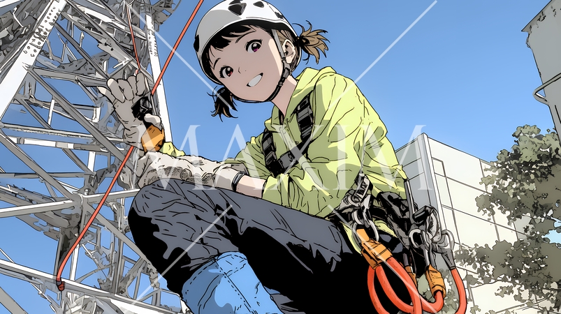 高所で作業をしている女性作業員