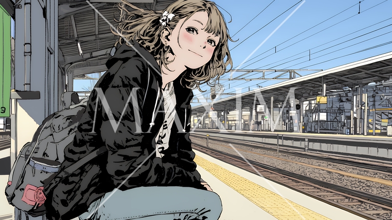 駅のホームで、なかなか来ない電車を待ちくたびれている若い女性