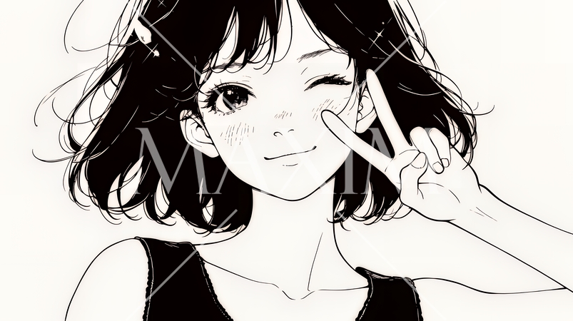 笑顔でピースサインを見せる若い女性（シンプルな色使い）