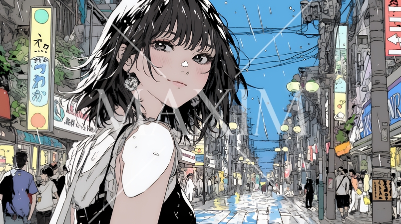 雨の中を傘をささずに歩く若い女性