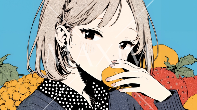 食事をしている若い女性：オレンジをかじっている若い女性