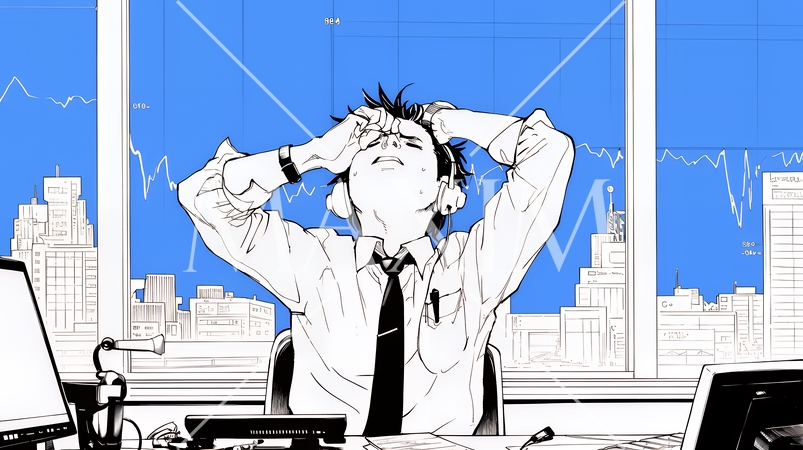 金融市場の急激な変動で頭を抱えている男性（シンプルな色使い）