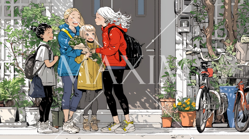 道端で会話を楽しむ若い主婦たち（ママ友たち）