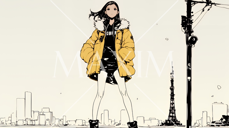 若い女性が佇む都市の街角（シンプルな色使い）