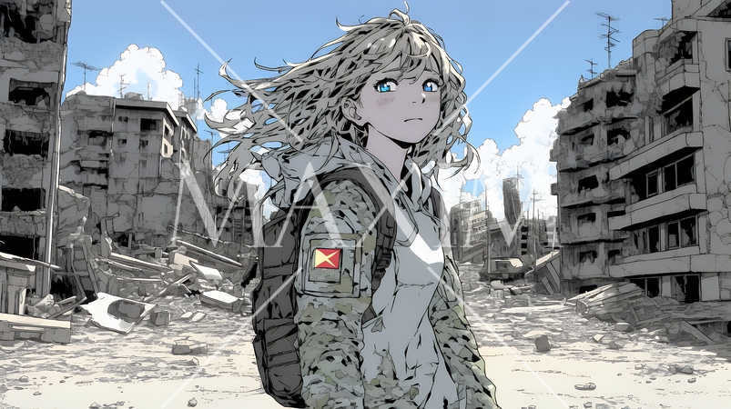 震災や空爆などで破壊された街で孤独に立ちすくむ若い女性