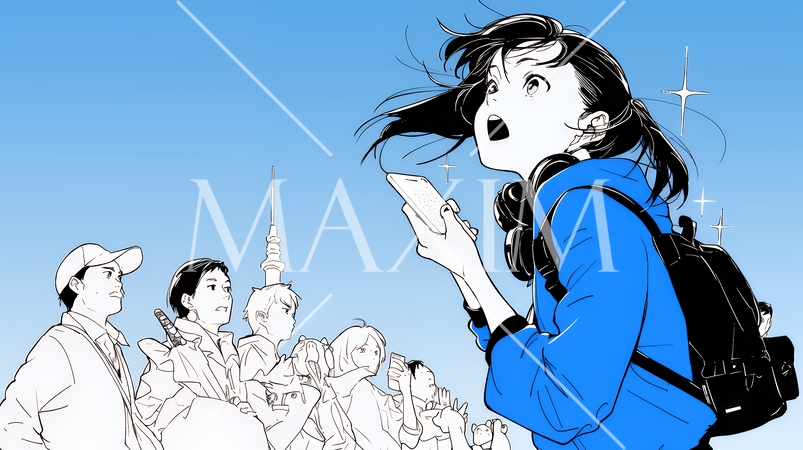 スマホの画面を見て驚いている若い女性（シンプルな色使い）