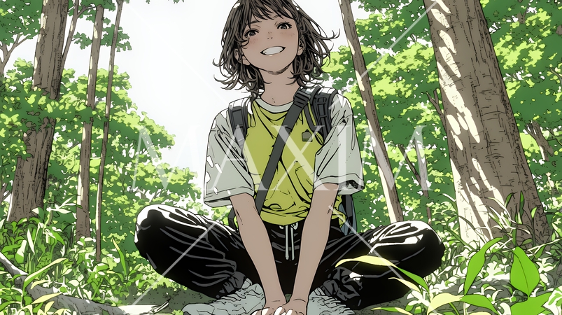 初夏の森でトレッキングを楽しむ若い女性｜新緑とアウトドアの爽やかなライフスタイル