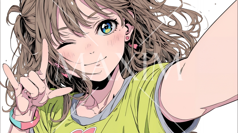 ウィンクしている女性：ピースサイン