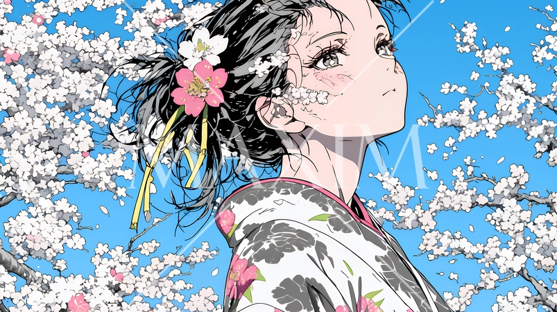 満開の梅の花と和服姿の若い女性