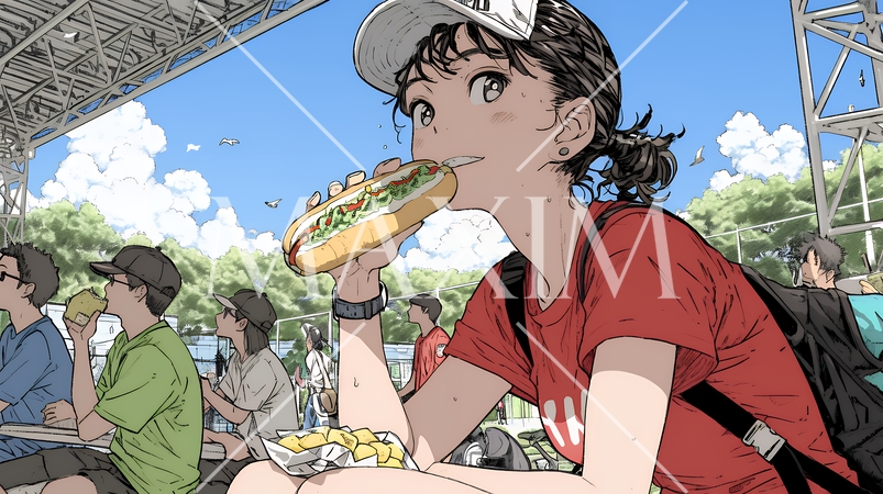 野球などの屋外スポーツを観戦しながら、ホットドッグを頬張る若い女性。