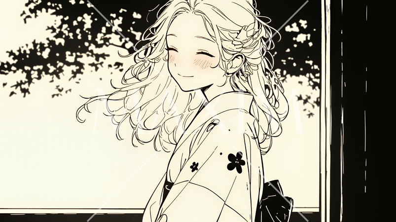 浴衣姿で夕涼みをしている若い女性（シンプルな色使い）