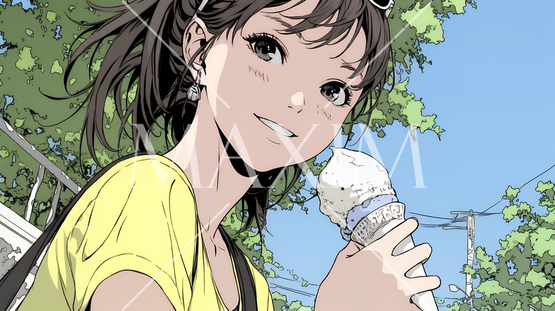 夏空の下でソフトクリーム（コーンに乗ったアイスクリーム）をたべる若い女性