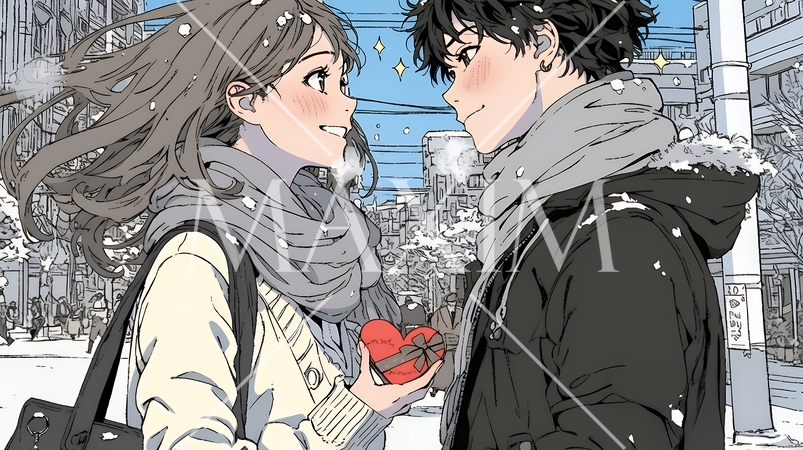 バレンタインディのチョコを男性に渡そうとしている若い女性