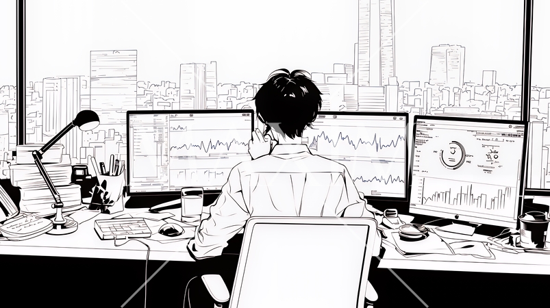 マーケティング・トレーディングデータなどの計量分析を行っている男性（シンプルな色使い）