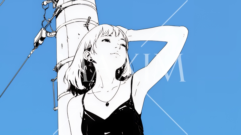 若い女性が佇む都市の街角（シンプルな色使い）