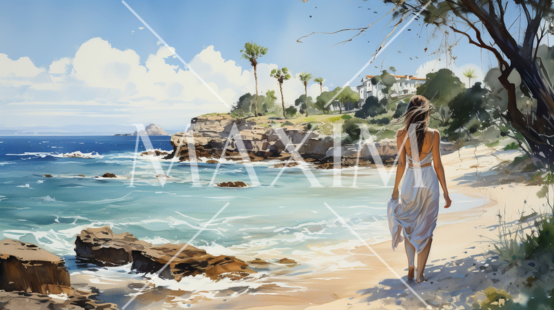南国の青い空の下、美しい浜辺を歩く若い女性：水彩画