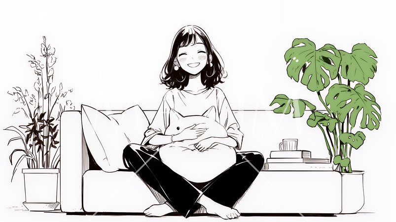 ソファでクッションを抱えてくつろぐ若い女性（シンプルな色使い）