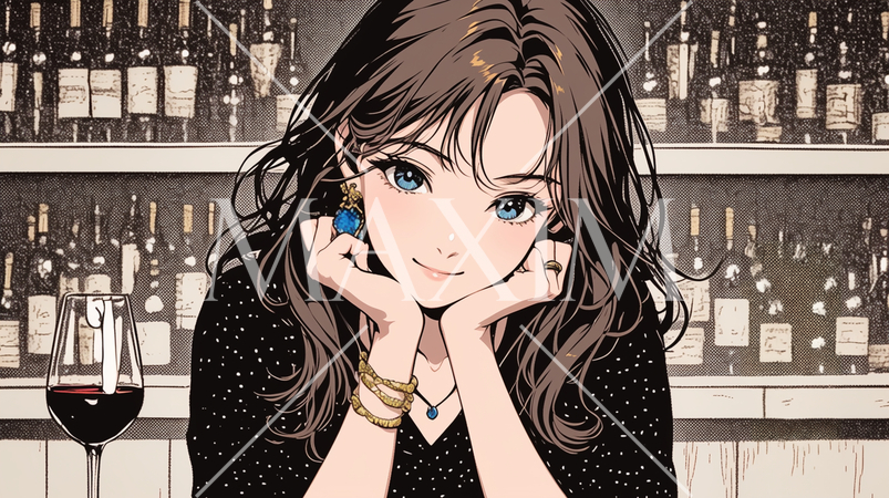 ワインを飲んでいる若い女性：バーカウンターで