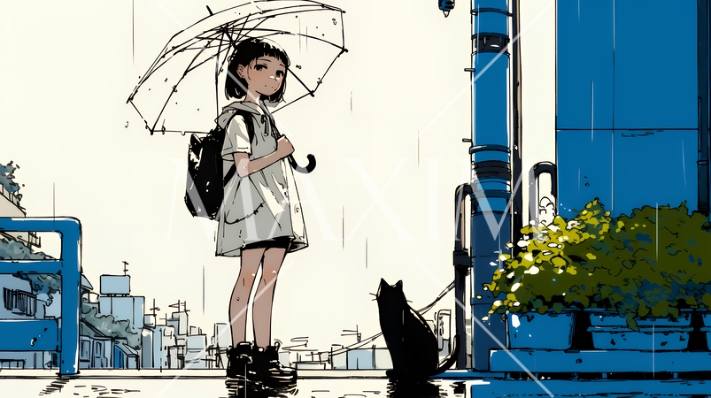 雨の中を歩く女性（シンプルな色使い）