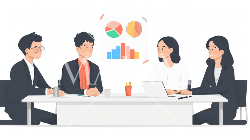 ビジネス戦略会議：競合分析、市場戦略の議論。