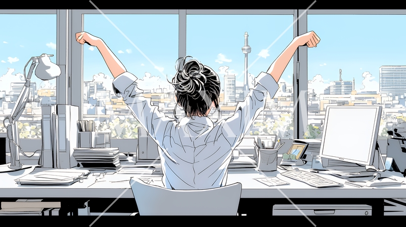 仕事の合間にストレッチ（伸び）をする女性