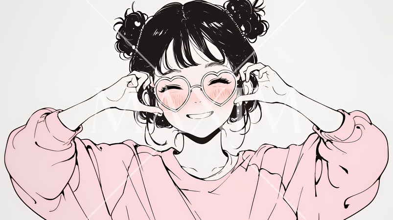 ハートマークを手で作り愛情表現をしている若い女性（シンプルな色使い）