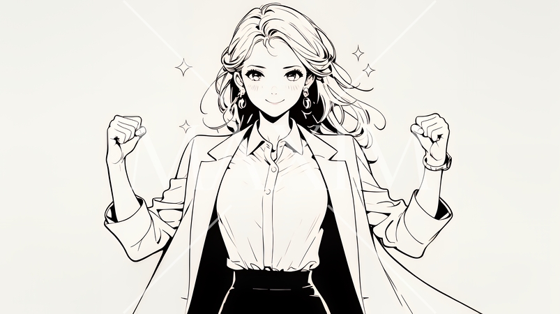 ガッツポーズ（拳を握って力強く）をしているビジネスウーマン（シンプルな色使い）