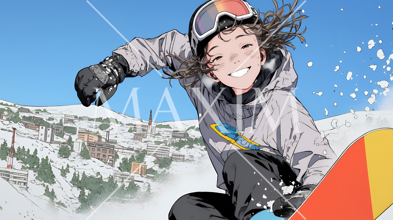 スノーボードを楽しんでいる若い女性